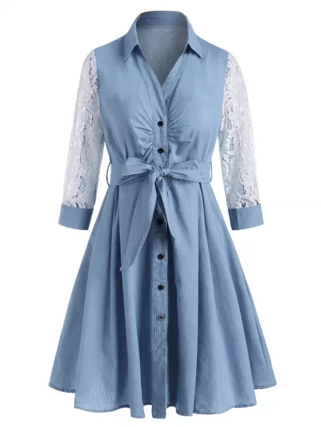 Lace Sleeve Chambray Belt Shirt Dress