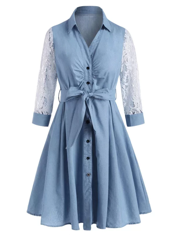 Lace Sleeve Chambray Belt Shirt Dress