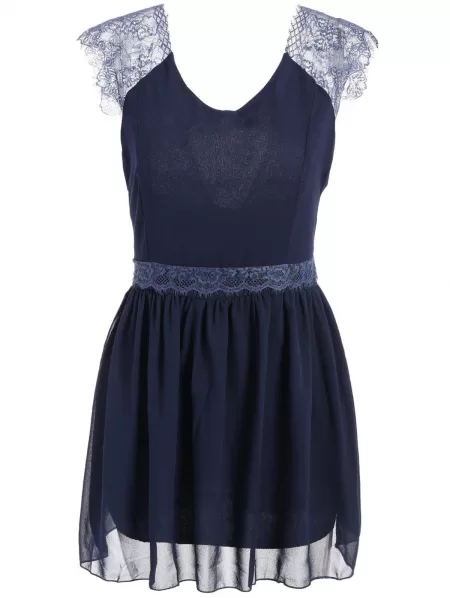 Lace Splicing Sleeveless Solid Color Backless Trendy Style Women's Dress