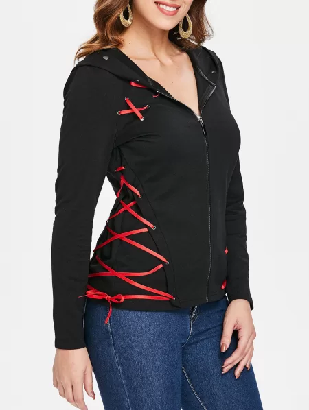 Lace Up Ribbons Zipper Hoodie