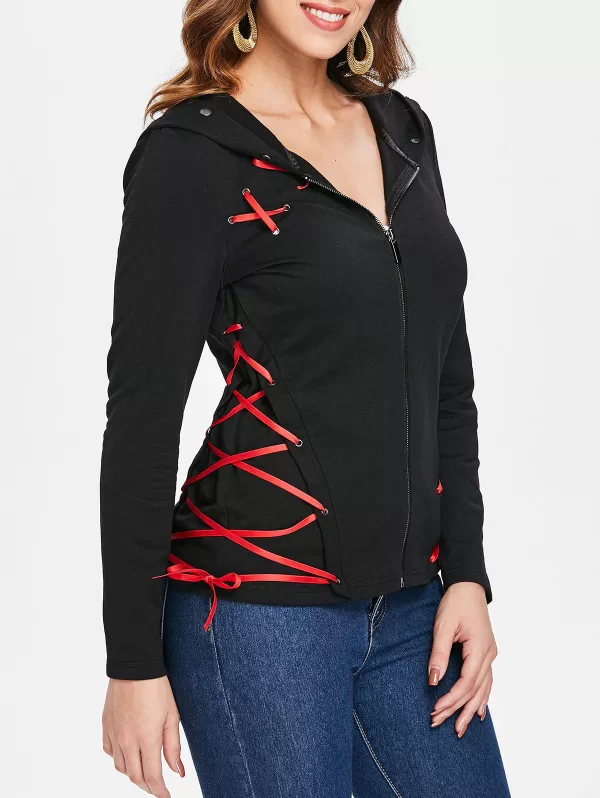 Lace Up Ribbons Zipper Hoodie