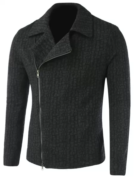 Lapel Collar Diagonal Zip-up Geometric Pattern Jacket
