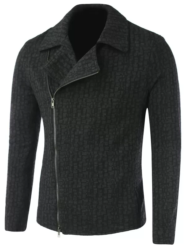 Lapel Collar Diagonal Zip-up Geometric Pattern Jacket