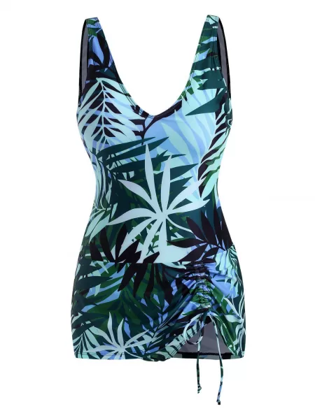 Leaf Print Plunging Cinched Skirted Tankini Swimwear