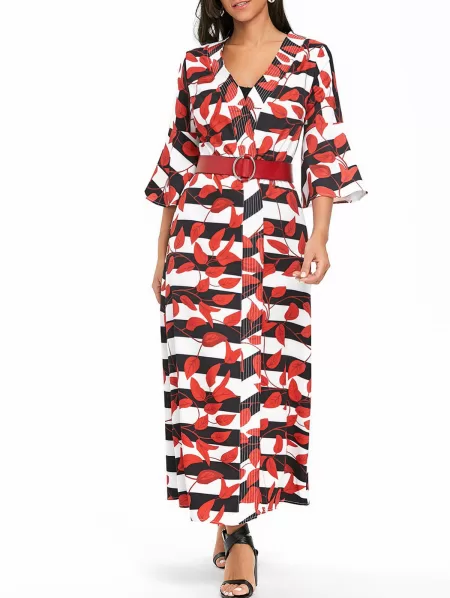Leaves Print Bell Sleeve Striped Maxi Coat