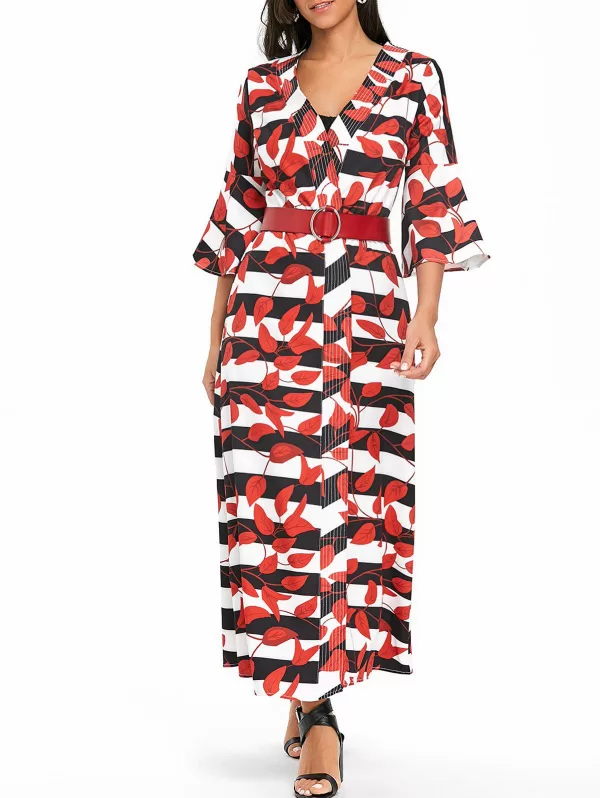 Leaves Print Bell Sleeve Striped Maxi Coat
