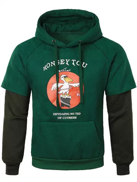 Letter Duck False Two Pieces Drawstring Hoodie