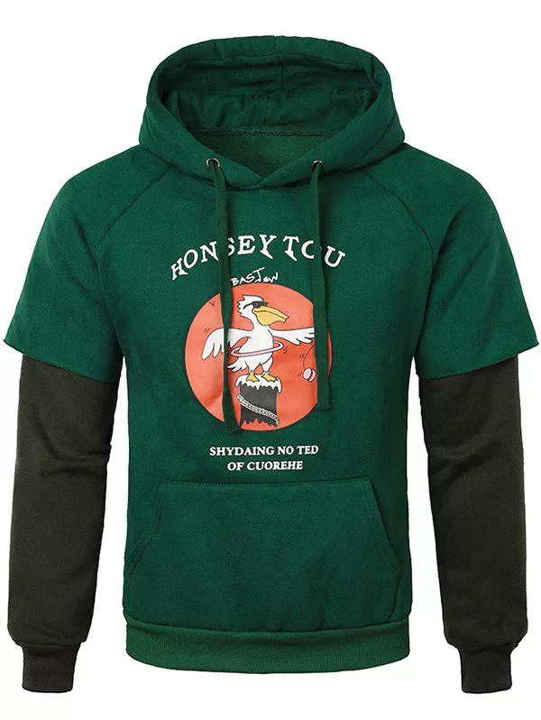 Letter Duck False Two Pieces Drawstring Hoodie