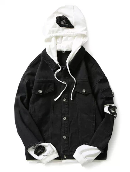 Letter Number Applique Embellished Distressed Hooded Jacket