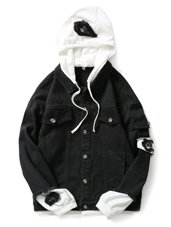 Letter Number Applique Embellished Distressed Hooded Jacket