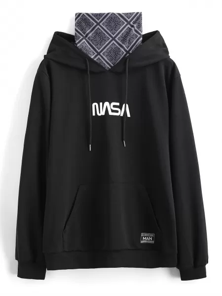 Letter Print Patched Hoodie With Bandana Neck Gaiter
