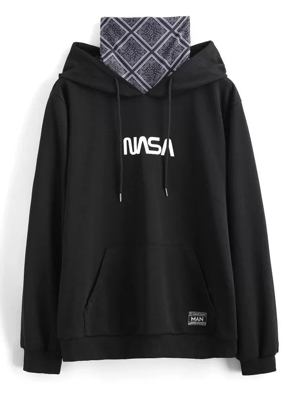 Letter Print Patched Hoodie With Bandana Neck Gaiter