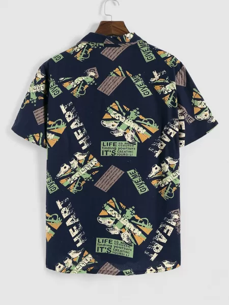 Letter Print Short Sleeve Casual Button Shirt
