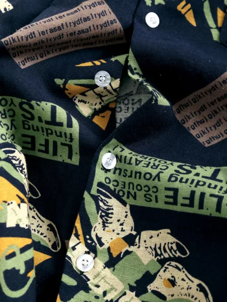 Letter Print Short Sleeve Casual Button Shirt