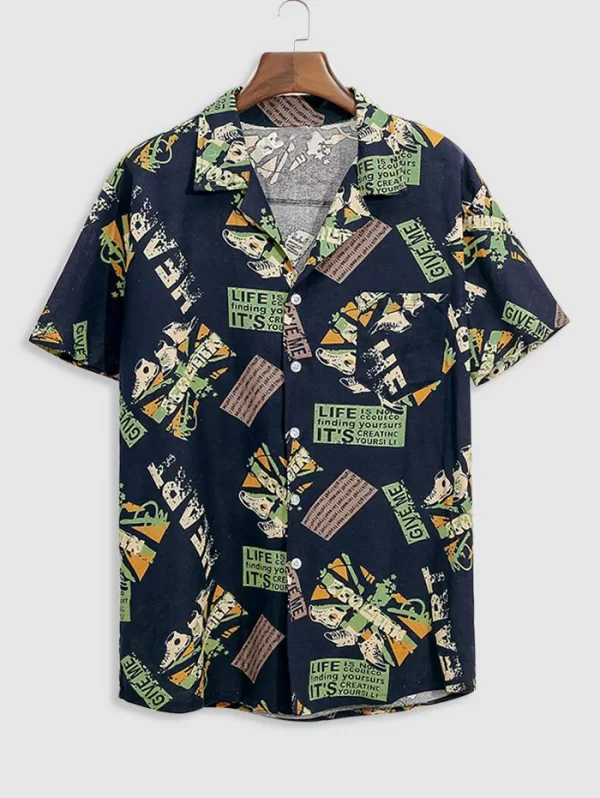 Letter Print Short Sleeve Casual Button Shirt