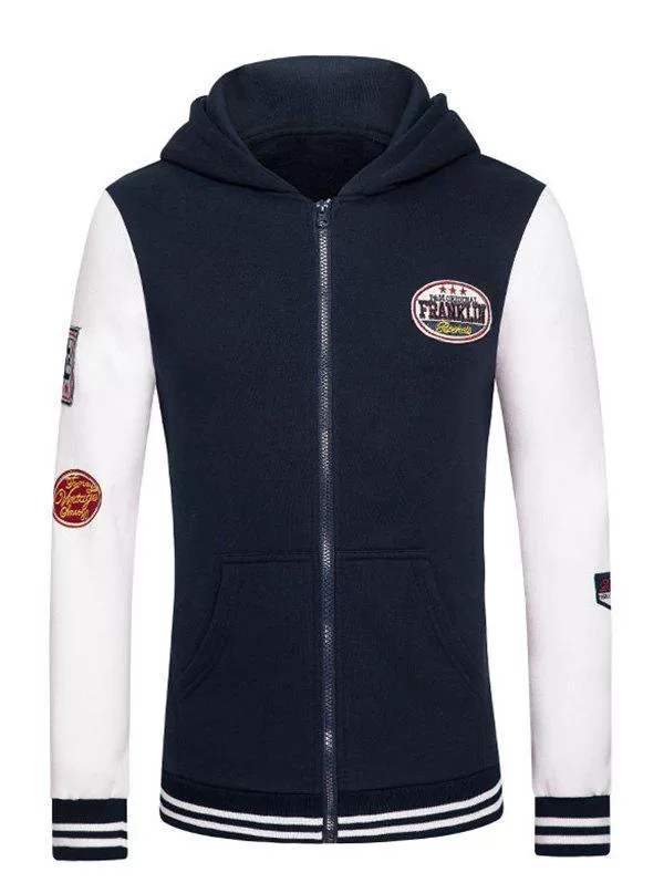 Letters Embroidered Applique Hooded Long Sleeve Zipper Hoodie