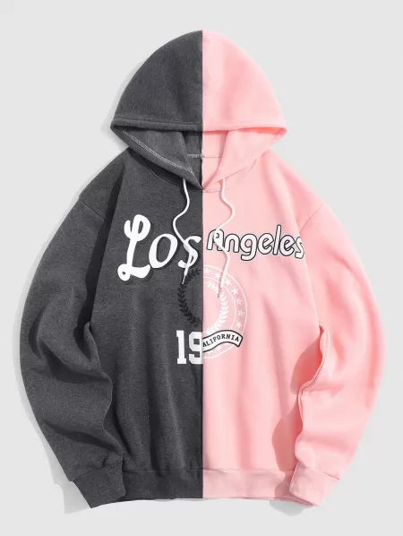 Letters Graphic Vintage Colorblock Fleece Hoodie