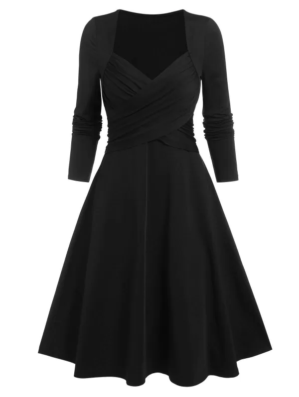 Long Sleeve Crossover Flared Dress