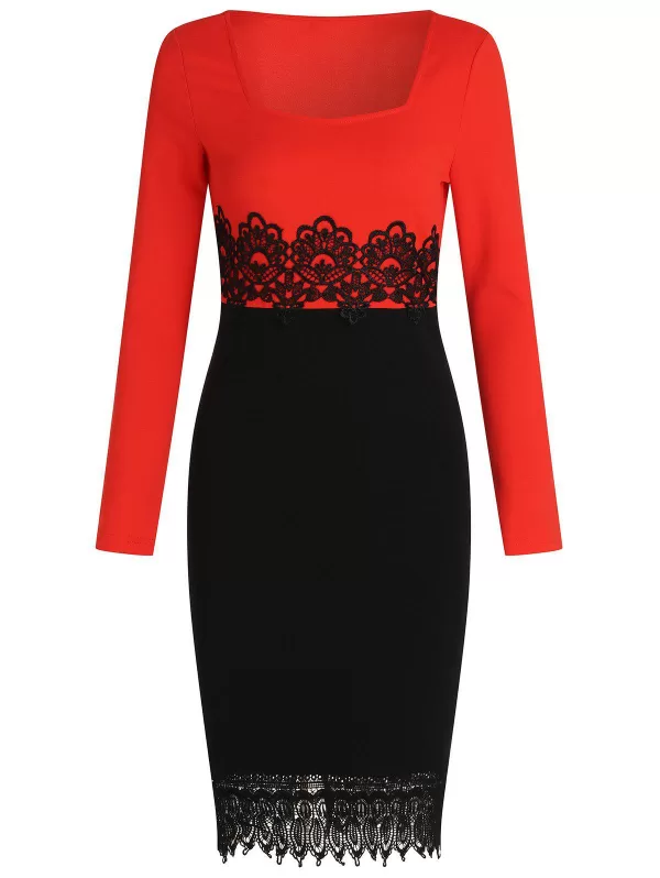 Long Sleeve Lace Insert Bodycon Dress