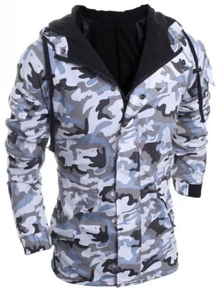 Loose Fit Hooded Fashion Multi-pocket Camo Pattern Long Sleeve Men's Thicken Cotton Blend Coat