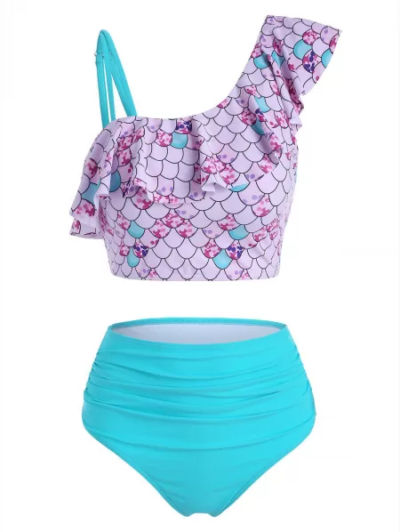 Mermaid Print Flounce Overlay Skew Neck Tummy Control Tankini Swimwear