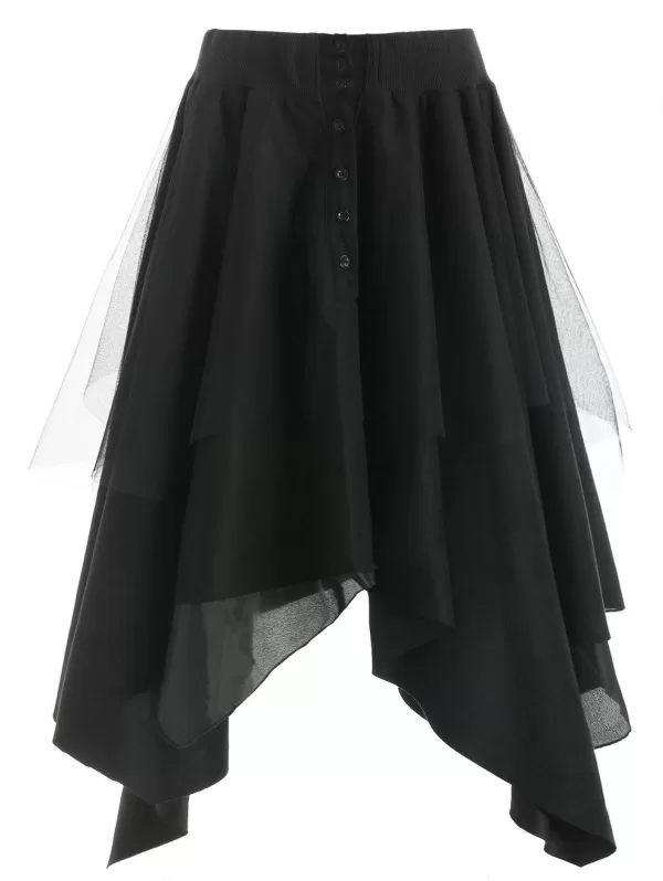 Mesh Panel Faux Suede Long Handkerchief Skirt