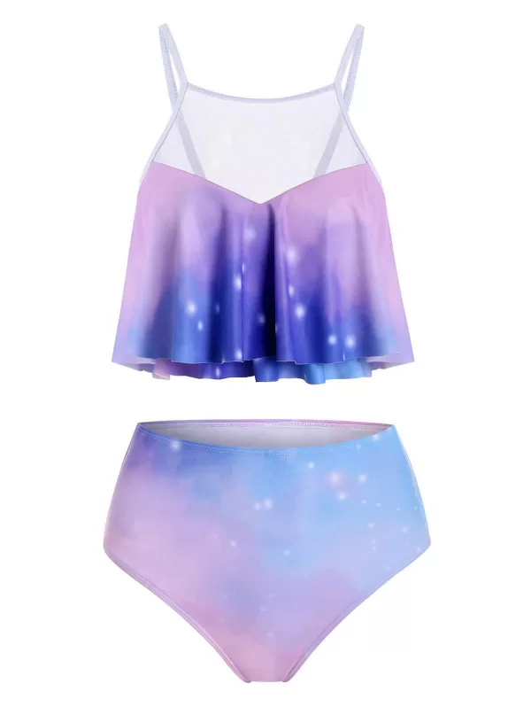 Mesh Panel Tie Dye Overlay Tankini Set