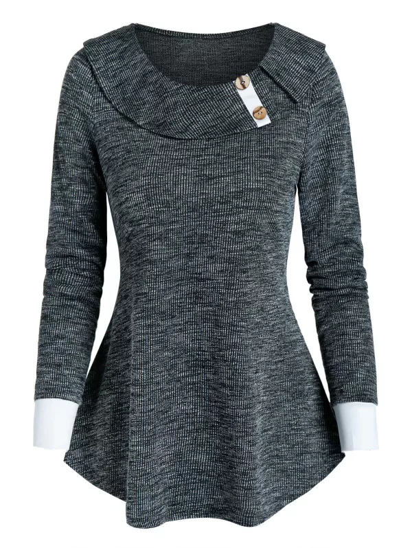 Mock Button Contrast Heathered Ribbed T-shirt