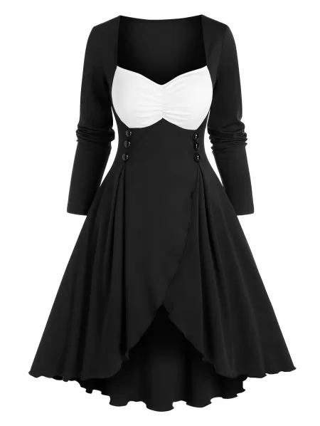 Mock Button Contrast Overlap Dress