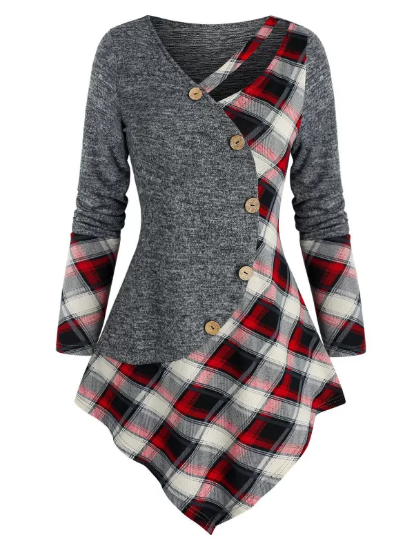Mock Button Plaid Pattern Pointed Hem Sweater