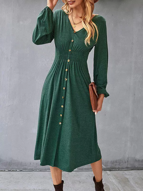 Mock Button Slit Shirred Waist Midi Dress