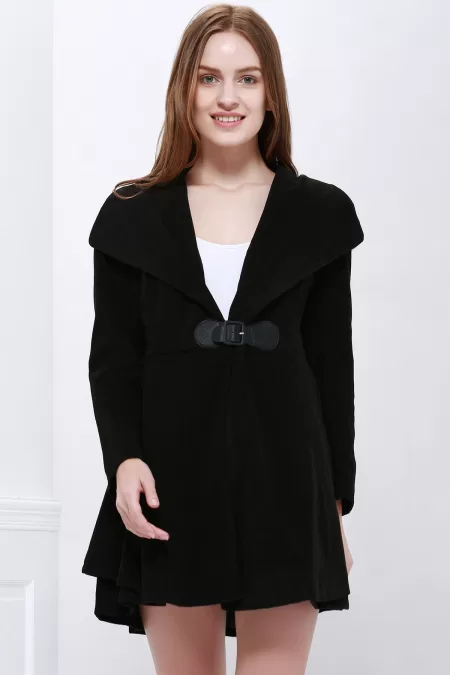 Noble Style Worsted Turn-down Collar Long Sleeves Solid Color Women's Coat