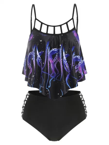 Octopus Print Flounce Lattice Crisscross Tankini Swimwear