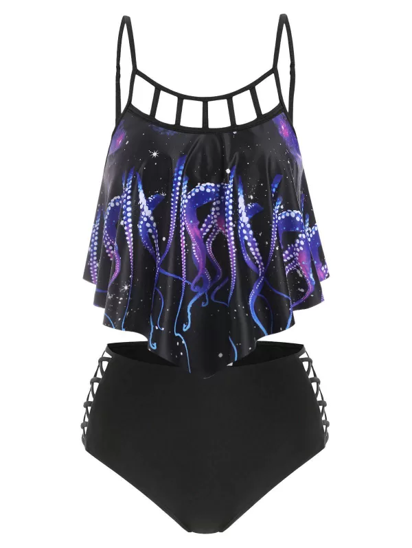 Octopus Print Flounce Lattice Crisscross Tankini Swimwear