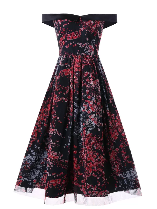 Off The Shoulder Floral Rockabilly Style Vintage Dress
