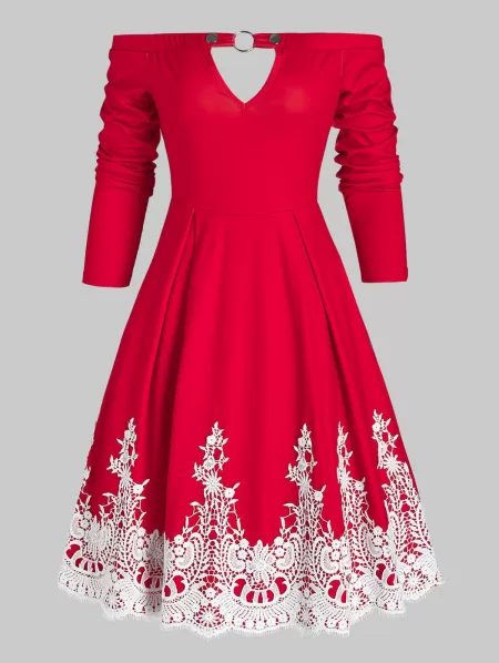 Off The Shoulder Keyhole Lace Insert Dress