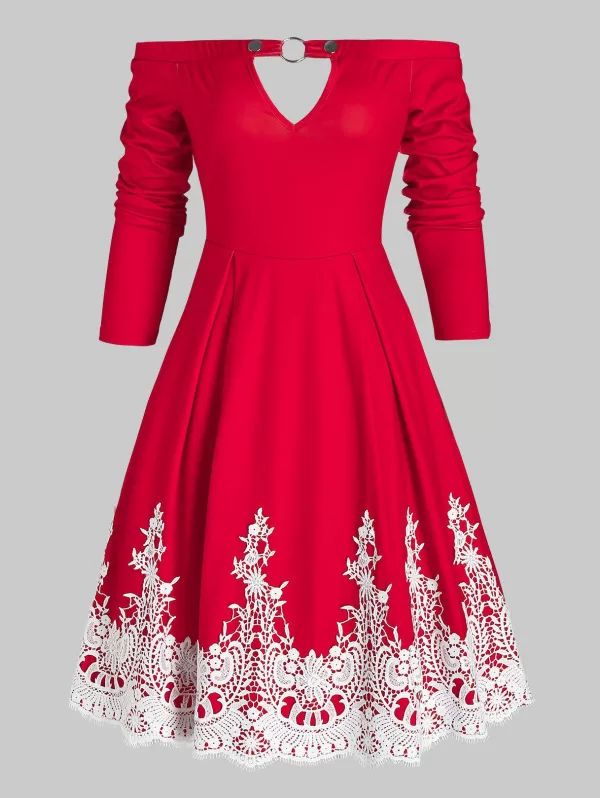 Off The Shoulder Keyhole Lace Insert Dress