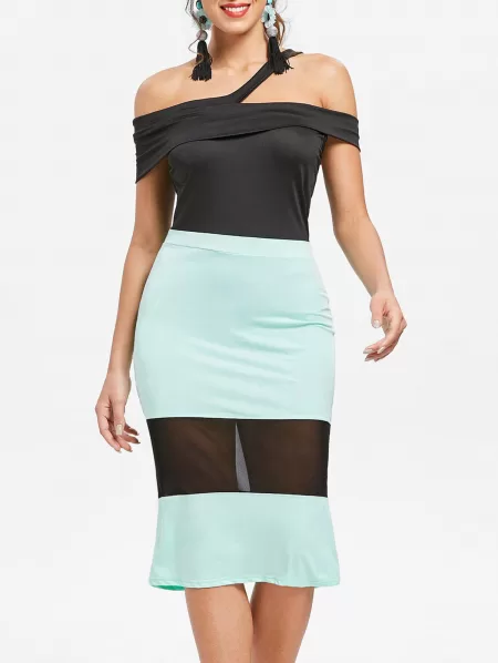 Off The Shoulder Mesh Panel Bodycon Dress