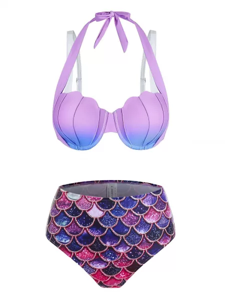 Ombre Mermaid Print Shell Pattern Bikini Set