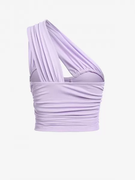 One Shoulder Ruched Mesh Overlay Cupped Tank Top