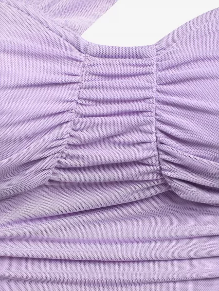 One Shoulder Ruched Mesh Overlay Cupped Tank Top