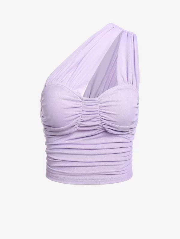 One Shoulder Ruched Mesh Overlay Cupped Tank Top