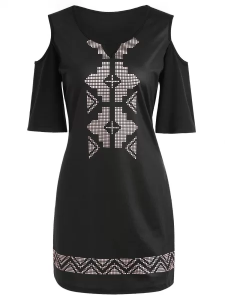 Open Shoulder Tribal Print T-shirt Dress