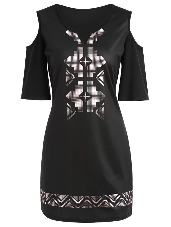 Open Shoulder Tribal Print T-shirt Dress