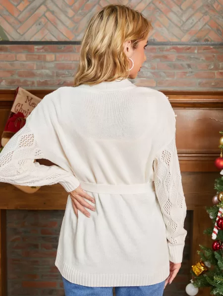 Openwork Faux Pearl Embellished Belted Cardigan