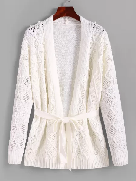 Openwork Faux Pearl Embellished Belted Cardigan