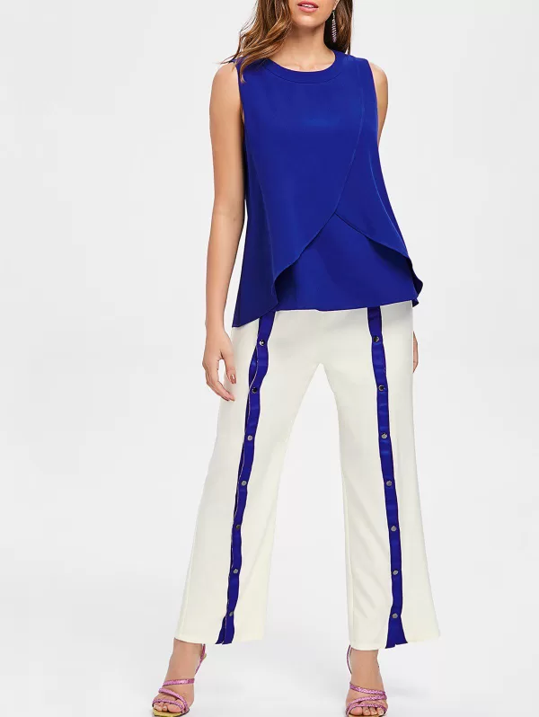Overlap Top And Buttoned Wide Leg Pants