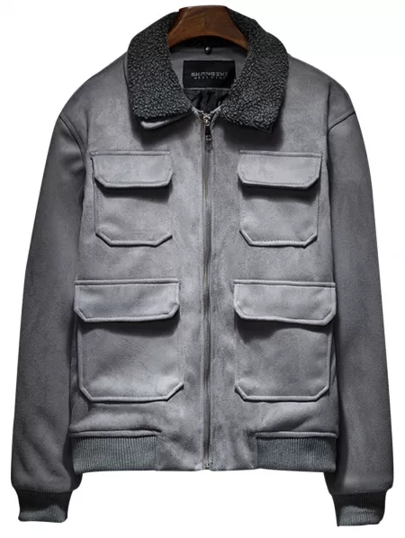 Padded Faux Fur Collar Zip Up Suede Jacket