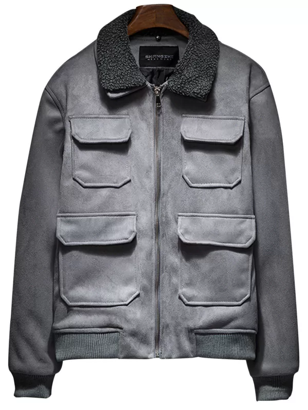 Padded Faux Fur Collar Zip Up Suede Jacket