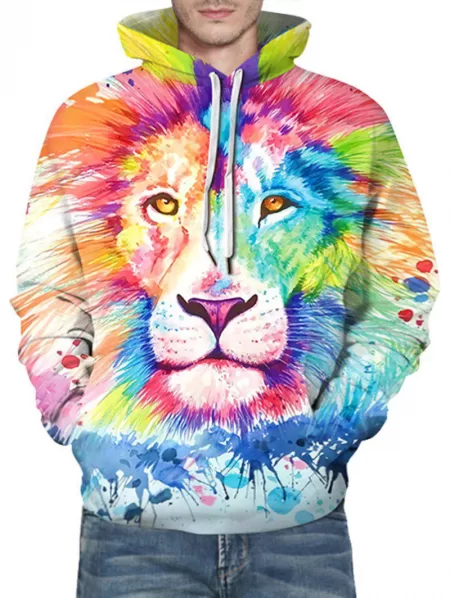 Paint Splatter Lion Print Front Pocket Drawstring Hoodie